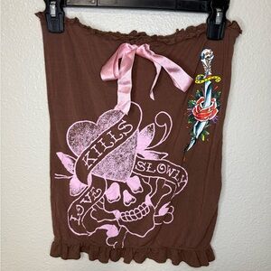Y2K Ed hardy Brown Tube Top with Pink Skull Design